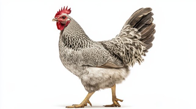Close-up of a speckled hen against a white background, showcasing its intricate plumage detail.