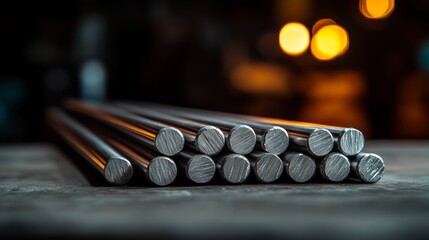 Naklejka premium Stack of metal rods with a blurry background. The rods are all the same size and are lined up in a row
