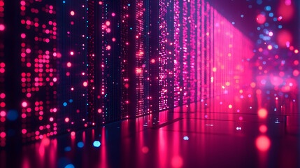 Digital Data Stream: A dynamic visualization of digital data flowing through a server room, illuminating the path of information with glowing lights.