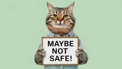 Humorous Cat Wearing a Shirt Holding a Sign that Says "MAYBE NOT SAFE!"