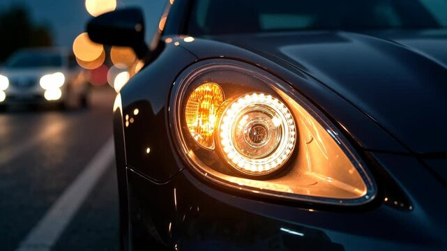 4k frame front headlight of a car close-up at night