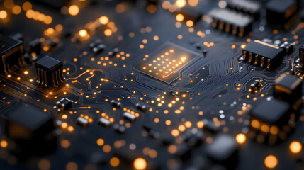 Obraz premium Digital Matrix: An intricate, illuminated circuit board, a symphony of microchips and electronic components, glows with the warm light. A modern view of Technology