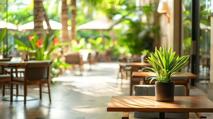 Serene indoor dining area with tropical plants, sunlight filtering through, and outdoor seating