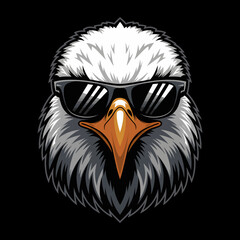 A bold and striking illustration of a fierce bald eagle's face with cool sunglasses