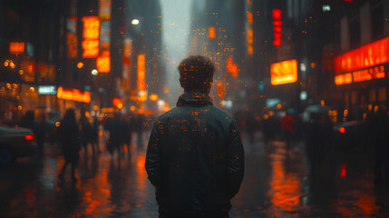 Man on City Street: A solitary figure, viewed from the back, stands in a bustling city street, surrounded by blurred lights and a sense of urban anonymity and solitude.