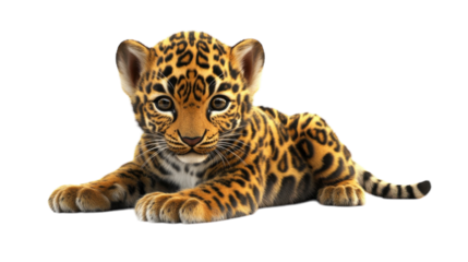 Cute leopard cub lounging with striking spots in a playful pose in bright surroundings