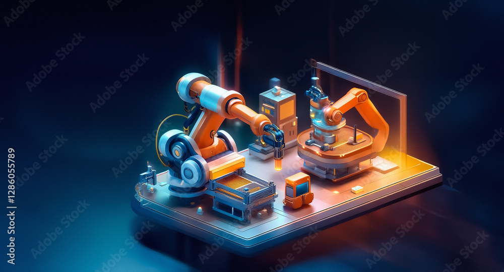 Leinwandbilder orange robotic arms work on a miniature illuminated industrial assembly line. modern manufacturing a