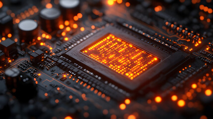 Technological Core: A close-up view of a computer processor, its intricate circuitry illuminated with a vibrant orange glow, symbolizing the power of innovation and the future of technology.