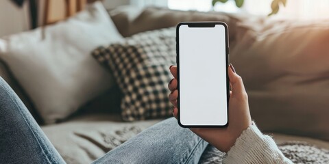 Modern Connectivity: A close-up shot of a person casually holding a sleek smartphone with a bright display while reclining on a cozy couch.