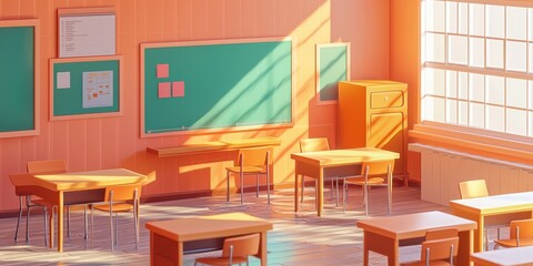 Sunlit Classroom: A spacious classroom basks in the warm, natural light streaming through the window, illuminating the desks and chairs arranged for learning.