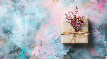 Gift Box with Pink Flowers on Textured Background