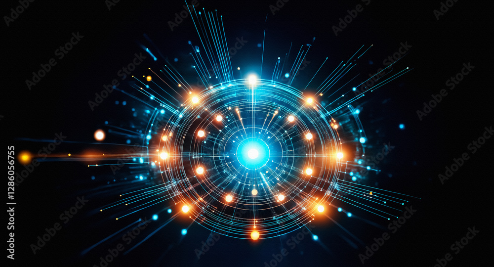 Aufkleber abstract image of a bright circular burst of blue and orange light with radiating lines on a dark ba