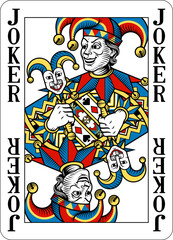 A Joker jester design from a new original deck of playing cards. Four pip left handed version with identifier in all four corners.