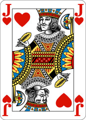 Jack of Hearts design from a new original deck of playing cards. Four pip left handed version with identifier in all four corners.