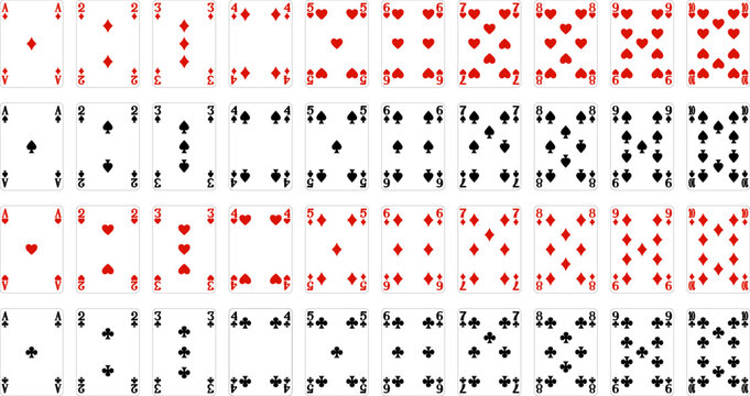 Number cards designs from a new original deck of playing cards. Four pip left handed version with identifier in all four corners.