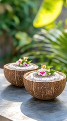 Tropical chia pudding in coconut bowls, outdoor setting, lush background, healthy breakfast