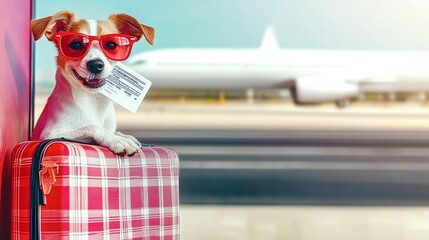 Dog is sitting on a red suitcase with a boarding pass in its mouth. The dog is wearing sunglasses and he is excited about going on a trip