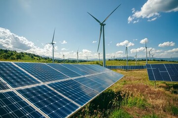Harnessing the Sun and Wind: A vibrant landscape showcases a harmonious blend of renewable energy sources, with solar panels and wind turbines working together under a bright blue sky.