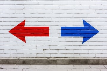 Directional Choices: Bold red and blue arrows painted on a brick wall.