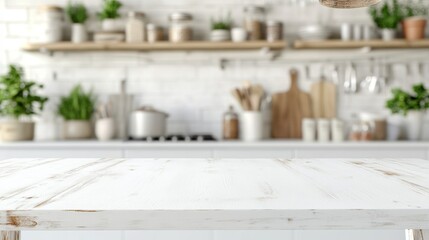 Bright white rectangular wooden table with soft lighting and blurred modern kitchen background featuring utensils and plants
