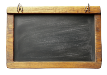 black empty chalkboard blackboard with erased chalk background in a wood frame with paper clips with copy space isolated transparent background 