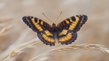 Obraz premium Butterfly, poised, golden grass field, peaceful scene. Use nature, tranquility