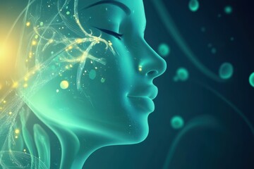 Obraz premium Feminine mystique illustrated through ethereal glow and vibrant elements during a meditative moment. Generative AI