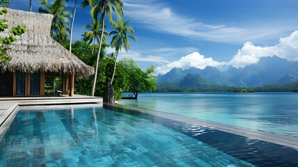 Fototapeta premium Serene tropical villa by a crystal-clear pool, surrounded by lush greenery and majestic mountains
