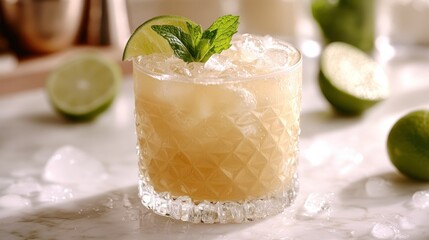 Fototapeta premium Festive cocktail, iced, with lime and mint, bar counter backdrop