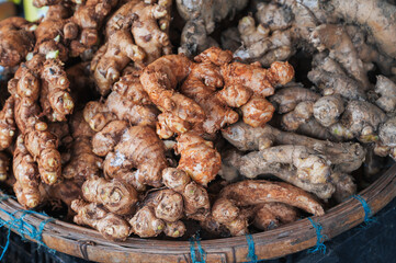 fresh ginger tubers on the counter at a street market