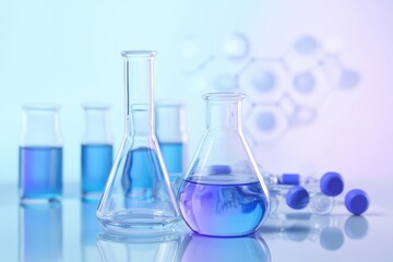 Science lab experiment showcases colorful liquids in beakers under soft lighting with molecular structure backdrop. Generative AI