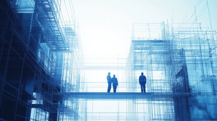 Fototapeta premium Silhouette of Workers on Industrial Scaffold with Blueprint Design