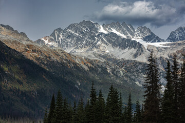 Snow Covered Canadian Mountain Landscape. Mountain Range between Jasper and Banff National Parks