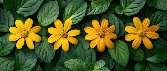 Yellow flowers among dark green leaves