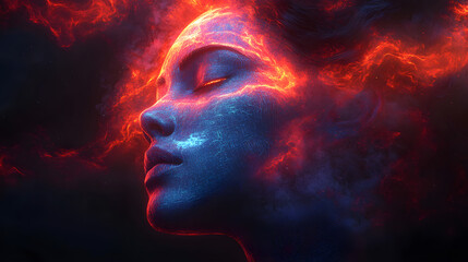 Fototapeta premium Inner Fire: A serene woman's face is framed by ethereal, fiery energy, symbolizing intense emotion, thought, or inner strength.