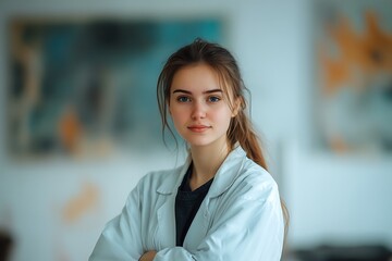 Fototapeta premium Confident Female Scientist in White Coat and Glasses Leading Team in High-Tech Medical Laboratory