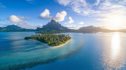 Obraz premium Tropical island sunset, lagoon, palm trees, resort. Travel brochure