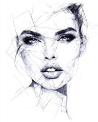 Obraz premium Abstract wireframe female face in black and white digital sketch art blending technology and elegance for futuristic contemporary illustration