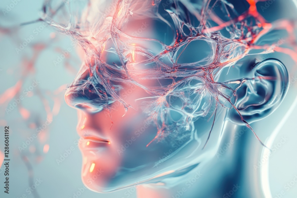 Poster exploring the boundaries of human consciousness through abstract neural connections and intricate fo