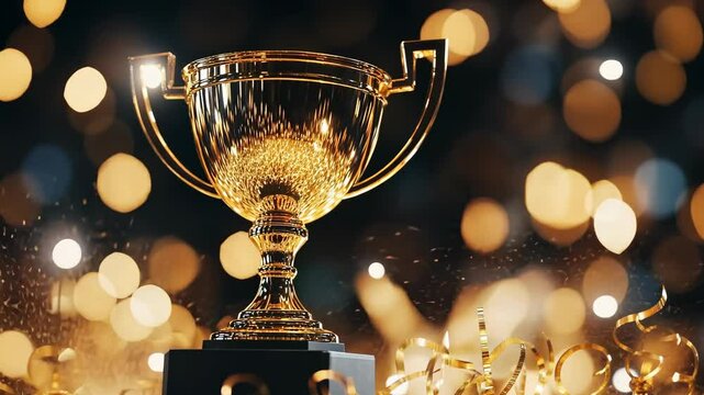 Shiny trophy surrounded by sparkling confetti celebrating a significant achievement during an awards ceremony