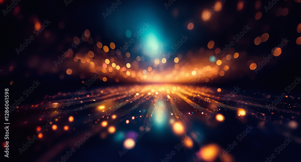 Fototapete Blurred orange and teal lights create an abstract bokeh effect on a dark backdrop.  A reflective surface adds depth and motion to the image.