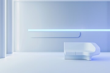 White Blue lobby light futuristic reception desk LED rounded edges sits in the center of an empty room neon.