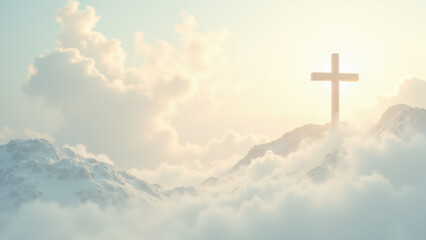 A serene Christian scene with a cross rising above clouds over mountains.