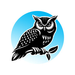 Owl logo vector illustration template. Hand draw black and white on the branch
