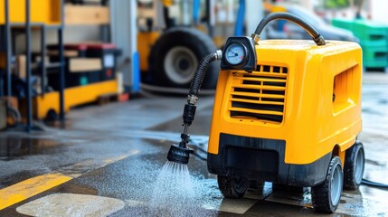 Gas-powered industrial pressure washer stationed near a workshop entrance
