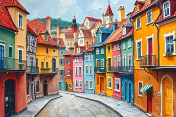 Fototapeta premium Vibrant European street with colorful historic buildings and cobblestone pathway in a picturesque town. International Tourism Day September 27
