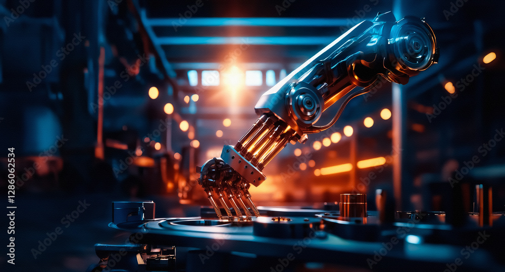Leinwandbilder a metallic robotic arm is shown in a dimly lit industrial setting. orange light emphasizes the preci