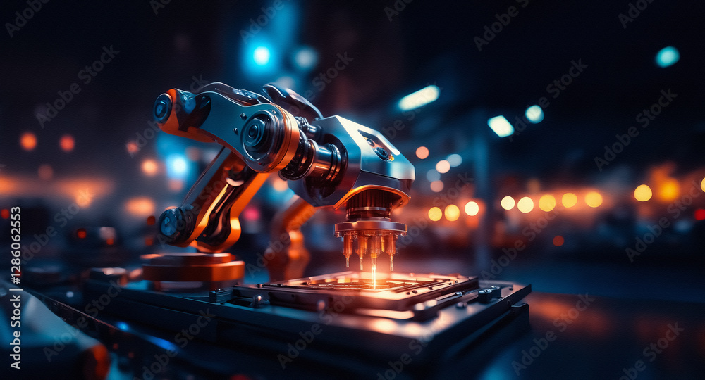 Aufkleber Metallic robotic arm precisely working on a circuit board.  A futuristic and technological scene with vibrant orange and blue lights creates an industrial automation atmosphere.