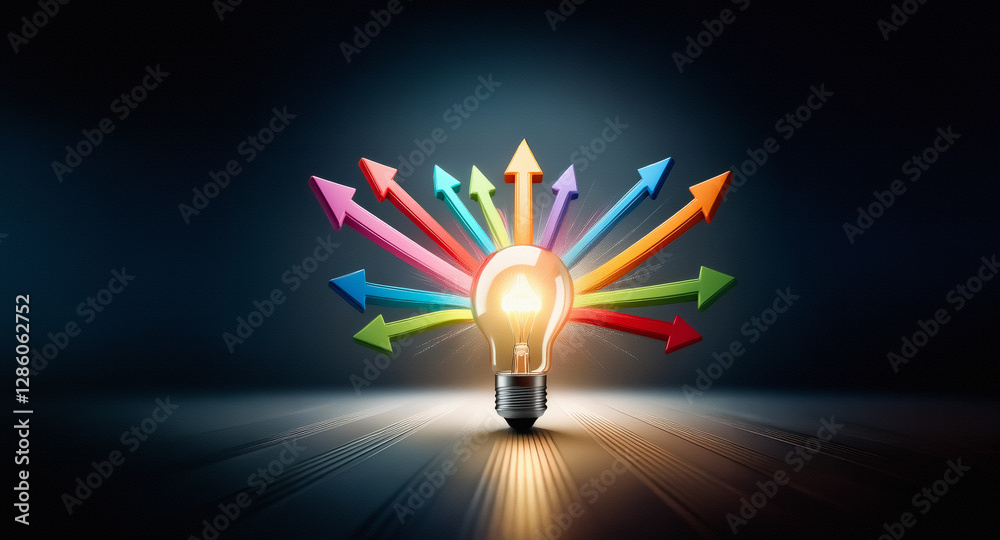 Poster glowing lightbulb radiates bright light, surrounded by colorful arrows pointing in many directions, 