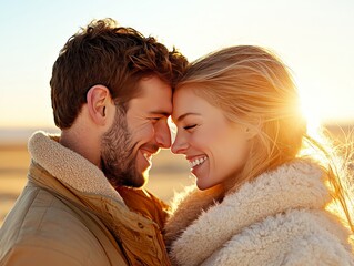 Romantic couple warmly embracing in golden hour sunlight gazing into each others eyes with love and intimacy radiating warmth and deep emotional connection